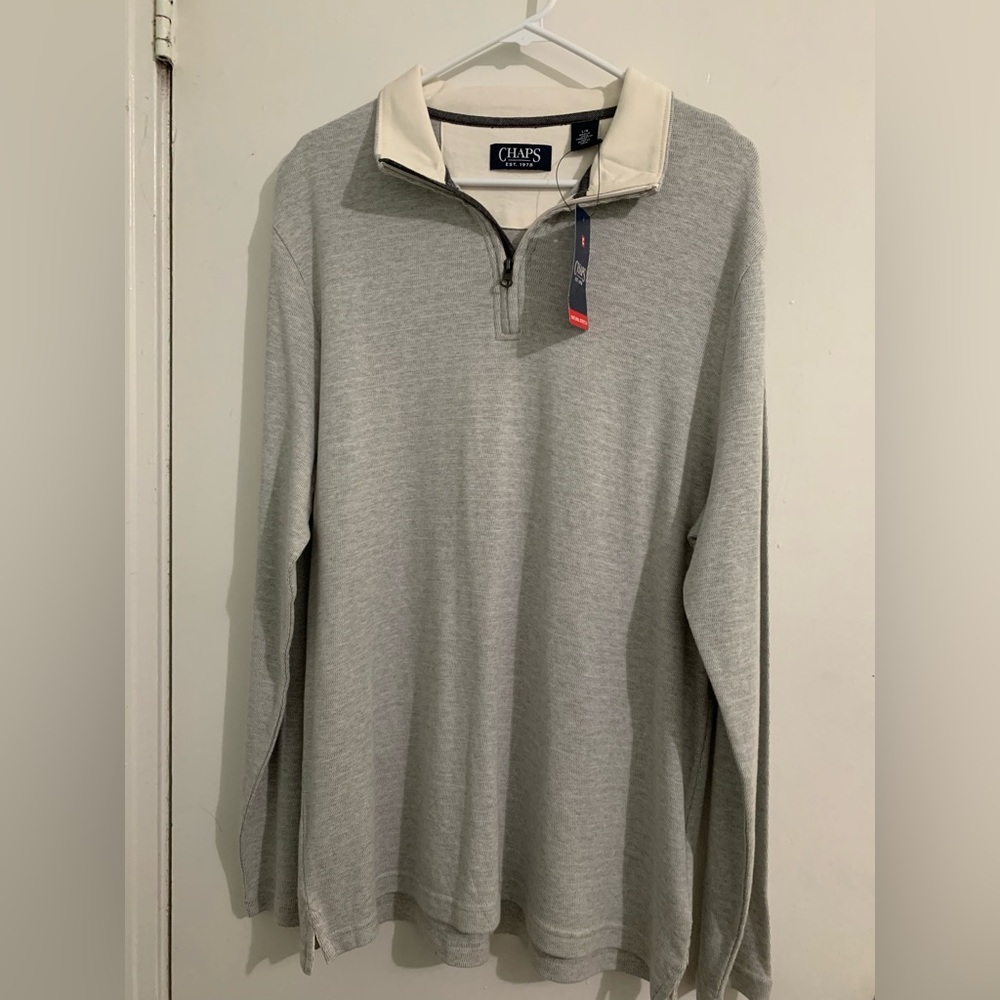 Chaps Men's Light Gray and Cream Zip-Up Sweater
